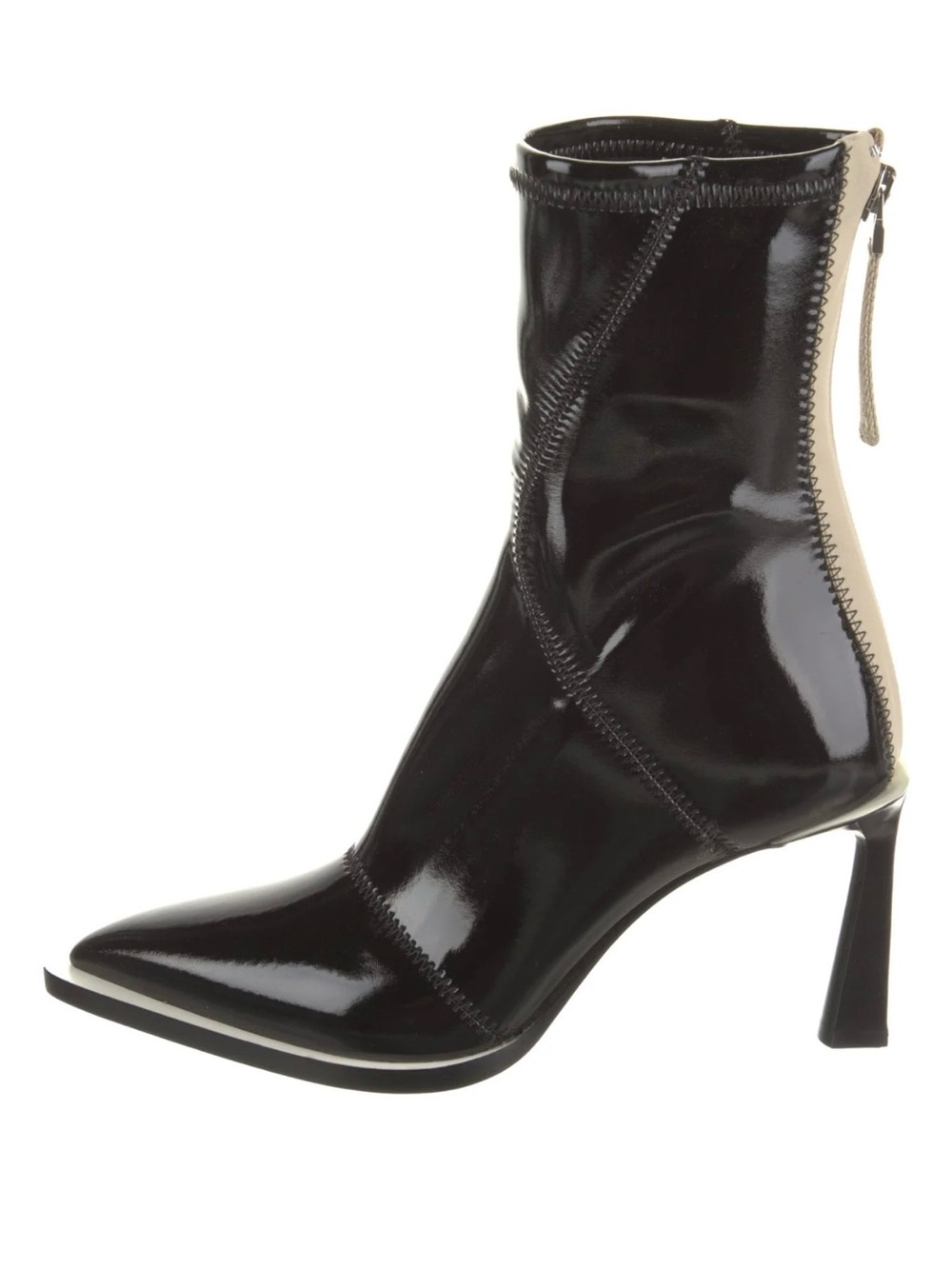 Fendi Black Patent Pointed-Toe Ankle Boot with Cream Back Zip
